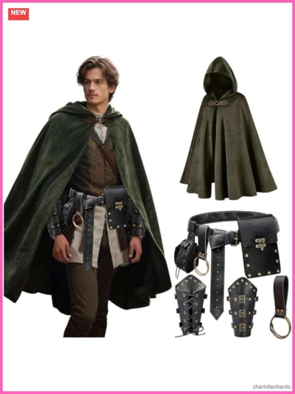 Velvet Hooded Cloak Cape Renaissance Costume Belt Pouch Bracers Set